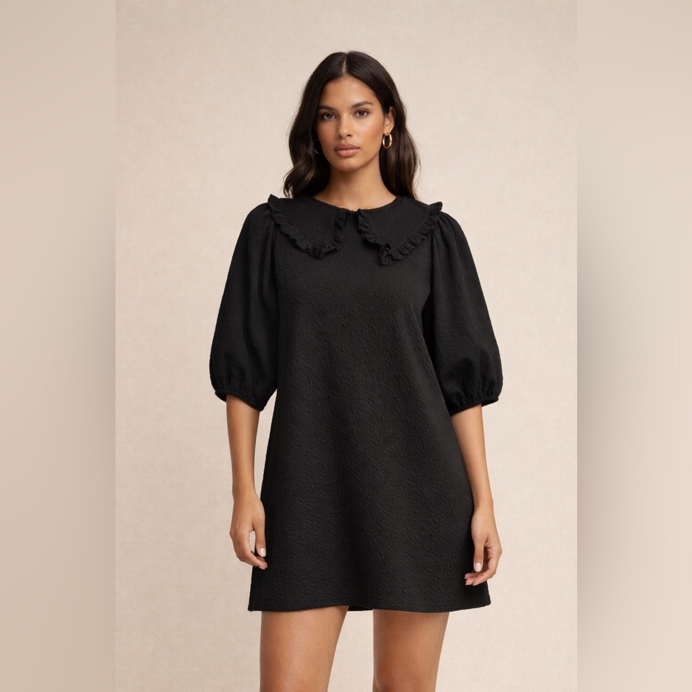 Zara Black Textured Mini Dress Ruffle Peter Pan Collar Puff Sleeve Size S